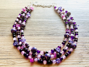 Black & Purple Chunky Statement Necklace, Triple Strand Beaded Jewelry, lilac lavendar eggplant jewelry, bridesmaid wedding, purple necklace