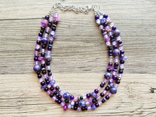 Load image into Gallery viewer, Black &amp; Purple Chunky Statement Necklace, Triple Strand Beaded Jewelry, lilac lavendar eggplant jewelry, bridesmaid wedding, purple necklace