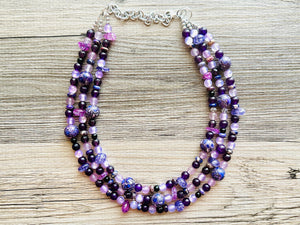 Black & Purple Chunky Statement Necklace, Triple Strand Beaded Jewelry, lilac lavendar eggplant jewelry, bridesmaid wedding, purple necklace