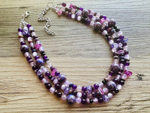 Load image into Gallery viewer, Black &amp; Purple Chunky Statement Necklace, Triple Strand Beaded Jewelry, lilac lavendar eggplant jewelry, bridesmaid wedding, purple necklace