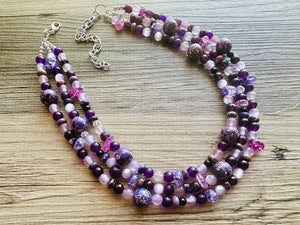 Black & Purple Chunky Statement Necklace, Triple Strand Beaded Jewelry, lilac lavendar eggplant jewelry, bridesmaid wedding, purple necklace