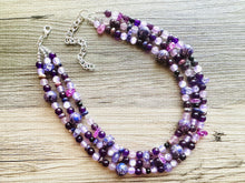 Load image into Gallery viewer, Black &amp; Purple Chunky Statement Necklace, Triple Strand Beaded Jewelry, lilac lavendar eggplant jewelry, bridesmaid wedding, purple necklace