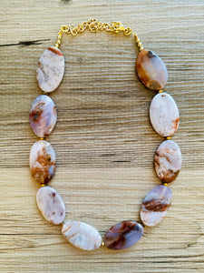 Brown Stripe Polished Botswana Agate GemStone Necklace gold statement necklace jewelry, long beaded statement layering necklace