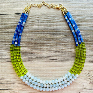 Shoreline BoardWalk Chunky Statement Necklace, big Beaded thick Jewelry, Triple Strand wedding or everyday dress, turquoise green blue