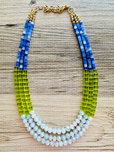 Shoreline BoardWalk Chunky Statement Necklace, big Beaded thick Jewelry, Triple Strand wedding or everyday dress, turquoise green blue