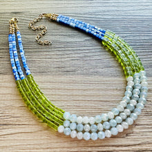 Load image into Gallery viewer, Shoreline BoardWalk Chunky Statement Necklace, big Beaded thick Jewelry, Triple Strand wedding or everyday dress, turquoise green blue