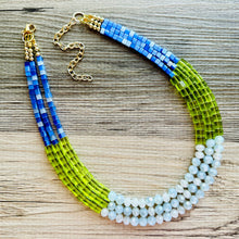 Load image into Gallery viewer, Shoreline BoardWalk Chunky Statement Necklace, big Beaded thick Jewelry, Triple Strand wedding or everyday dress, turquoise green blue