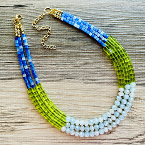 Shoreline BoardWalk Chunky Statement Necklace, big Beaded thick Jewelry, Triple Strand wedding or everyday dress, turquoise green blue