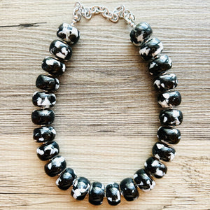 Black & White Chunky Statement Necklace single Strand Beaded jewelry, bridesmaid bib wedding, white bubble necklace resin