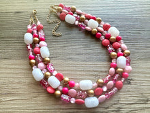 Load image into Gallery viewer, Gold &amp; Hot Pink Party Necklace, Beaded Triple Layer Necklace, bead statement necklace, pink beaded earrings white blush pink