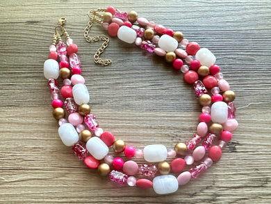 Gold & Hot Pink Party Necklace, Beaded Triple Layer Necklace, bead statement necklace, pink beaded earrings white blush pink
