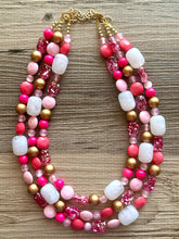 Load image into Gallery viewer, Gold &amp; Hot Pink Party Necklace, Beaded Triple Layer Necklace, bead statement necklace, pink beaded earrings white blush pink