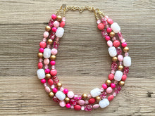 Load image into Gallery viewer, Gold &amp; Hot Pink Party Necklace, Beaded Triple Layer Necklace, bead statement necklace, pink beaded earrings white blush pink