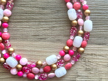 Load image into Gallery viewer, Gold &amp; Hot Pink Party Necklace, Beaded Triple Layer Necklace, bead statement necklace, pink beaded earrings white blush pink