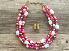 Load image into Gallery viewer, Gold &amp; Hot Pink Party Necklace, Beaded Triple Layer Necklace, bead statement necklace, pink beaded earrings white blush pink