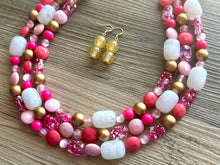 Load image into Gallery viewer, Gold &amp; Hot Pink Party Necklace, Beaded Triple Layer Necklace, bead statement necklace, pink beaded earrings white blush pink