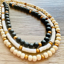 Load image into Gallery viewer, Wood chunky statement necklace, bib beaded jewelry 3 strand neutral necklace, wood multi strand wood, cream champagne Traveler Collection