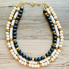 Load image into Gallery viewer, Wood chunky statement necklace, bib beaded jewelry 3 strand neutral necklace, wood multi strand wood, cream champagne Traveler Collection