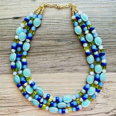 Peacock Blue Chunky Statement Necklace, big Beaded thick Jewelry, Triple Strand wedding or everyday dress, turquoise green blue earrings
