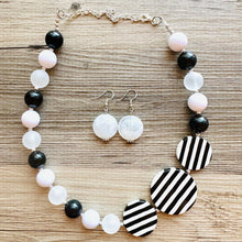 Load image into Gallery viewer, Black &amp; White Chunky Statement Necklace single Strand Beaded jewelry, bridesmaid bib wedding striped, white frosted bubble necklace