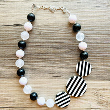 Load image into Gallery viewer, Black &amp; White Chunky Statement Necklace single Strand Beaded jewelry, bridesmaid bib wedding striped, white frosted bubble necklace