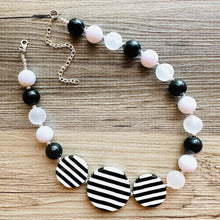 Load image into Gallery viewer, Black &amp; White Chunky Statement Necklace single Strand Beaded jewelry, bridesmaid bib wedding striped, white frosted bubble necklace