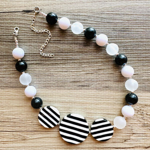 Black & White Chunky Statement Necklace single Strand Beaded jewelry, bridesmaid bib wedding striped, white frosted bubble necklace