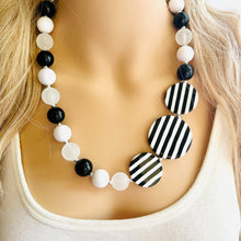 Load image into Gallery viewer, Black &amp; White Chunky Statement Necklace single Strand Beaded jewelry, bridesmaid bib wedding striped, white frosted bubble necklace