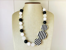 Load image into Gallery viewer, Black &amp; White Chunky Statement Necklace single Strand Beaded jewelry, bridesmaid bib wedding striped, white frosted bubble necklace