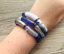 Load image into Gallery viewer, Cabana Weekend Statement bracelet, chunky bold bamboo bracelet, royal purple shell colorful beaded jewelry, chunky geometric white gray gold