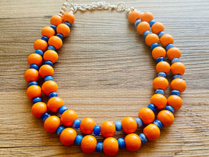 2 Strand Wood Beaded Necklace, blue & orange Jewelry Chunky statement necklace, big beaded necklace jewelry, natural smooth wood geometric