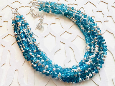 Turquoise & Silver Ombré Glass Chunky Statement Necklace, silver bib necklace, aqua turquoise blue green, wedding bridesmaid chunky