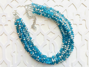Turquoise & Silver Ombré Glass Chunky Statement Necklace, silver bib necklace, aqua turquoise blue green, wedding bridesmaid chunky