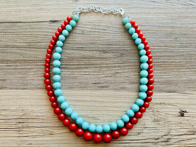 Turquoise & gold Pearl Chunky 3 Strand Statement Necklace, fall necklace, blue green jewelry, silver ball beaded, turquoise aqua