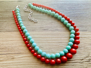 Turquoise & gold Pearl Chunky 3 Strand Statement Necklace, fall necklace, blue green jewelry, silver ball beaded, turquoise aqua