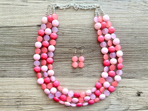 Pink Candy Bar Statement Necklace, chunky bib beaded jewelry, blush pink color block necklace, beaded acrylic jewelry hot pink magenta