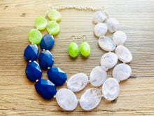 Load image into Gallery viewer, Color Block Double Statement Necklace, Chunky Jewelry Big Beaded Necklace, lime green navy blue &amp; white Necklace, bead bubble earrings