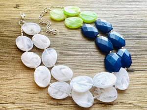 Color Block Double Statement Necklace, Chunky Jewelry Big Beaded Necklace, lime green navy blue & white Necklace, bead bubble earrings