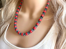 Load image into Gallery viewer, Americana Necklace, Red Howlite Single Strand Statement Jewelry, lipstick periwinkle navy blue Chunky bib bridesmaid jewelry necklace beaded