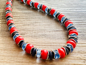 Americana Necklace, Red Howlite Single Strand Statement Jewelry, lipstick periwinkle navy blue Chunky bib bridesmaid jewelry necklace beaded