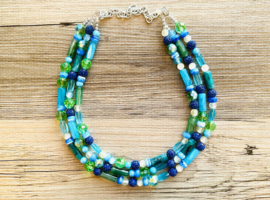 Green & Blue Statement Necklace, chunky bib beaded jewelry, navy royal blue necklace, dark blue beaded acrylic gray silver aqua turquoise