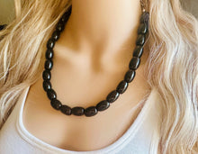 Load image into Gallery viewer, Black wood Necklace, single strand jewelry, big beaded chunky statement black necklace, drop black bridesmaid wedding earrings 1 geometric