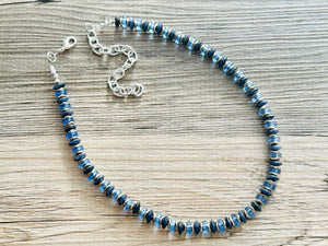 Silver Americana Necklace, Single Strand Statement Jewelry, periwinkle navy blue Chunky bib bridesmaid jewelry necklace beaded agate