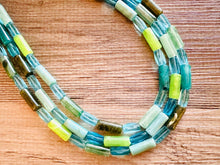 Load image into Gallery viewer, Rainy Day Green &amp; Blue Statement Necklace, chunky bib beaded jewelry, aqua royal blue necklace, light lime acrylic silver turquoise olive