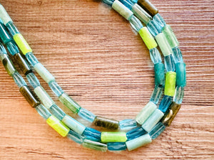 Rainy Day Green & Blue Statement Necklace, chunky bib beaded jewelry, aqua royal blue necklace, light lime acrylic silver turquoise olive