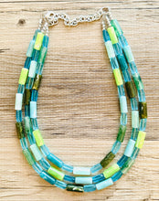 Load image into Gallery viewer, Rainy Day Green &amp; Blue Statement Necklace, chunky bib beaded jewelry, aqua royal blue necklace, light lime acrylic silver turquoise olive