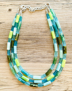 Rainy Day Green & Blue Statement Necklace, chunky bib beaded jewelry, aqua royal blue necklace, light lime acrylic silver turquoise olive