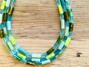 Rainy Day Green & Blue Statement Necklace, chunky bib beaded jewelry, aqua royal blue necklace, light lime acrylic silver turquoise olive