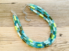 Load image into Gallery viewer, Rainy Day Green &amp; Blue Statement Necklace, chunky bib beaded jewelry, aqua royal blue necklace, light lime acrylic silver turquoise olive