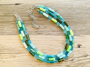 Rainy Day Green & Blue Statement Necklace, chunky bib beaded jewelry, aqua royal blue necklace, light lime acrylic silver turquoise olive